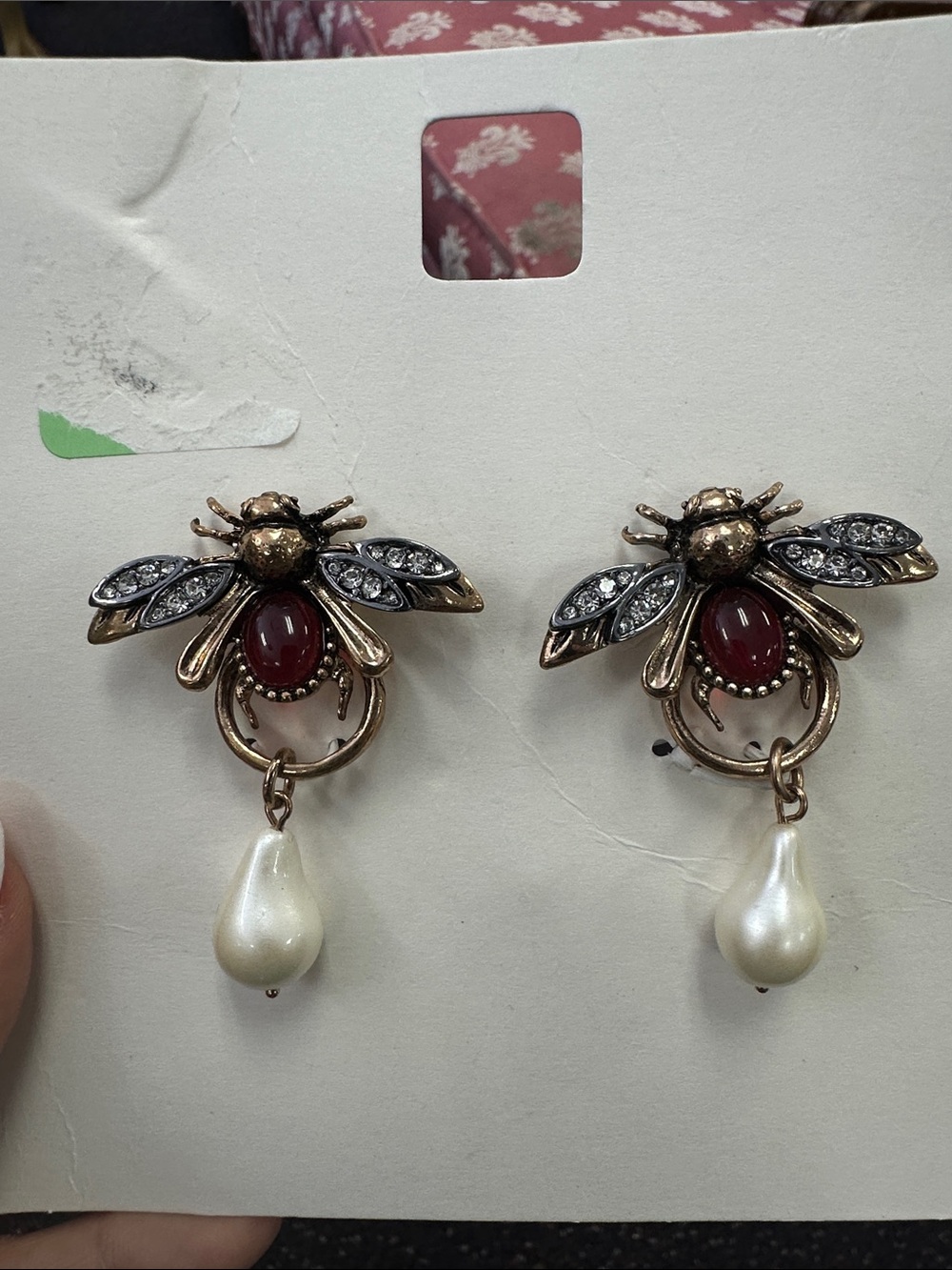 Zara Gold Bee Drop Earrings with Red and Pearl Accents